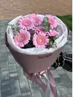 Купить букет из 7 нежно-розовых мини гербер с эвкалиптом с доставкой в Томске
