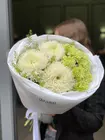 Оформить заказ на Дуобукет из одиночной хризантемы и гвоздик в бело-зеленой гамме