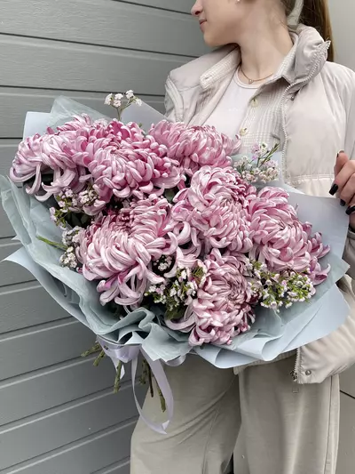 Купить Монобукет из одиночных хризантем с ваксфлауэером с доставкой по городу Томск