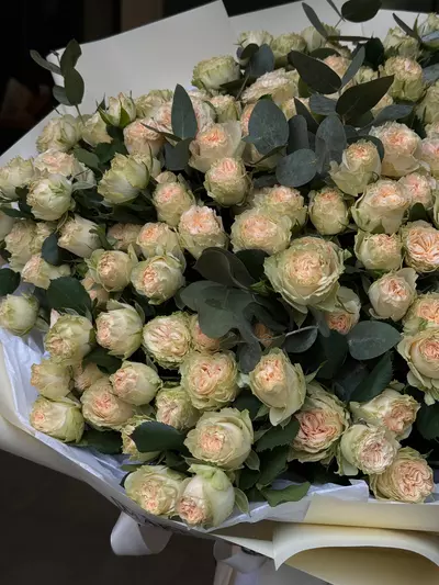 Заказать Букет из 29 кремовых кустовых роз с эвкалиптом в оформлении в Томске