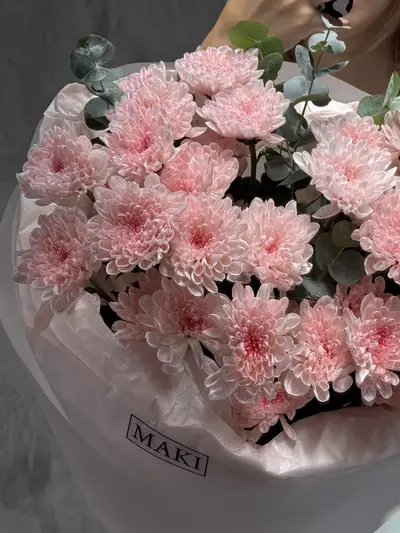 Букет из 5 нежно-розовых кустовых хризантем с эвкалиптом заказать в Томске